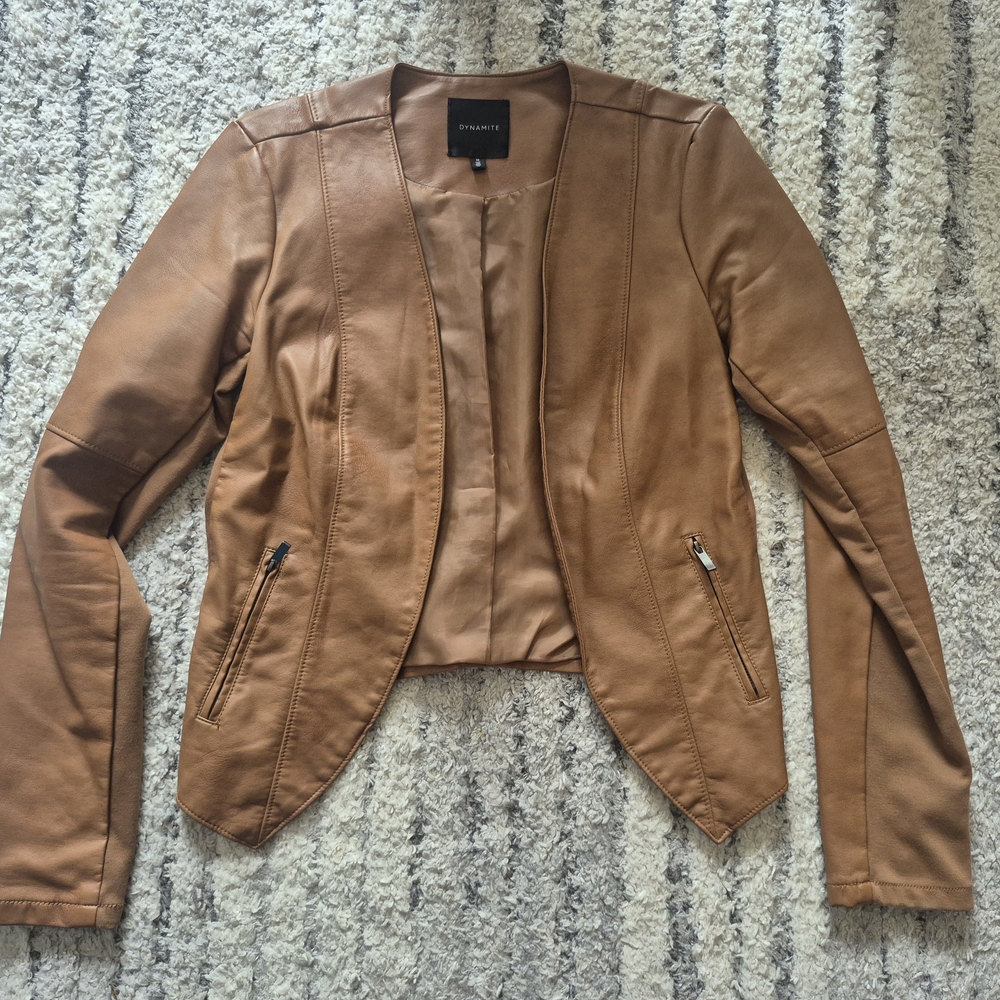 Dynamite Tan Leather Jacket Fitted Collarless Design